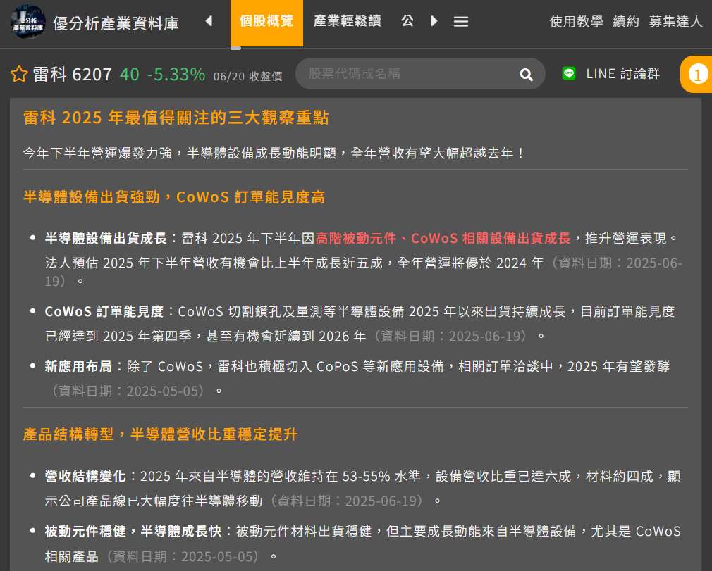 雷科 2025 年最值得關注的三大觀察重點 今年下半年營運爆發力強，半導體設備成長動能明顯，全年營收有望大幅超越去年！  半導體設備出貨強勁，CoWoS 訂單能見度高 半導體設備出貨成長：雷科 2025 年下半年因高階被動元件、CoWoS 相關設備出貨成長，推升營運表現。法人預估 2025 年下半年營收有機會比上半年成長近五成，全年營運將優於 2024 年（資料日期：2025-06-19）。 CoWoS 訂單能見度：CoWoS 切割鑽孔及量測等半導體設備 2025 年以來出貨持續成長，目前訂單能見度已經達到 2025 年第四季，甚至有機會延續到 2026 年（資料日期：2025-06-19）。 新應用布局：除了 CoWoS，雷科也積極切入 CoPoS 等新應用設備，相關訂單洽談中，2025 年有望發酵（資料日期：2025-05-05）。 產品結構轉型，半導體營收比重穩定提升 營收結構變化：2025 年來自半導體的營收維持在 53-55% 水準，設備營收比重已達六成，材料約四成，顯示公司產品線已大幅度往半導體移動（資料日期：2025-06-19）。 被動元件穩健，半導體成長快：被動元件材料出貨穩健，但主要成長動能來自半導體設備，尤其是 CoWoS 相關產品（資料日期：2025-05-05）。 產品差異化策略：面對中國廠商在被動元件市場的追趕，雷科透過產品差異化，避免訂單流失，同時加速進軍毛利更高的半導體設備領域（資料日期：2024-10-24）。